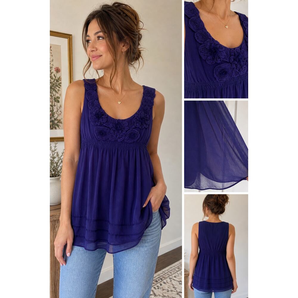 ECI Purple Chiffon Floral Rosette Babydoll Tank Medium